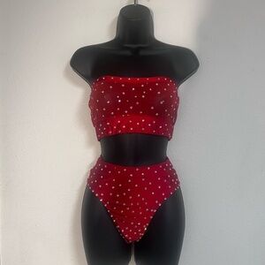 Red Strapless Bikini with White Rhinestones
